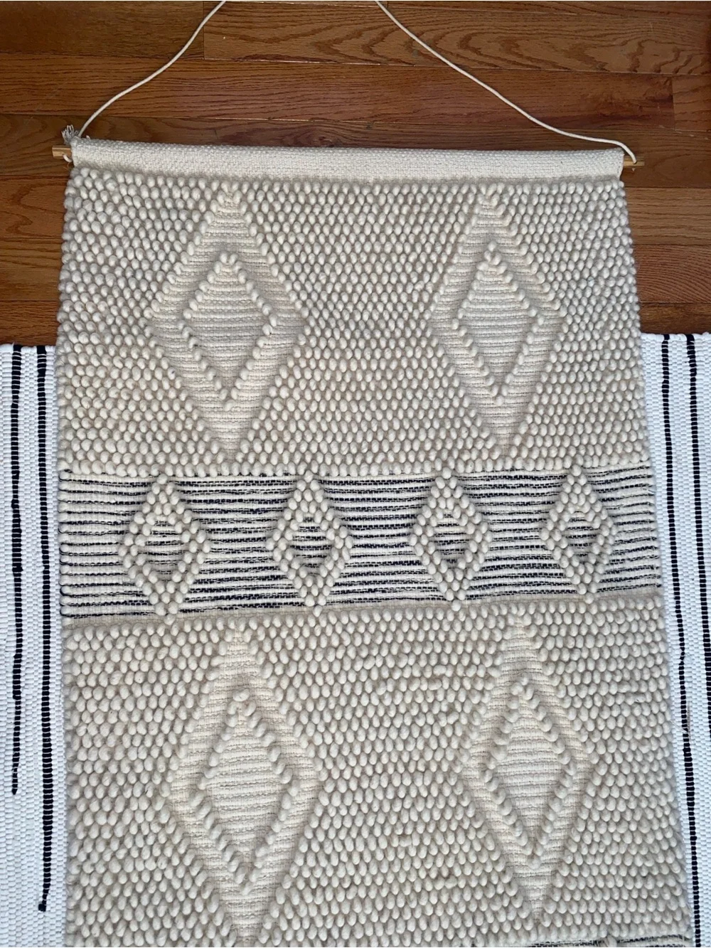 Handwoven Moroccan-Style Cream Macrame  Wall Hanging with Black Accents